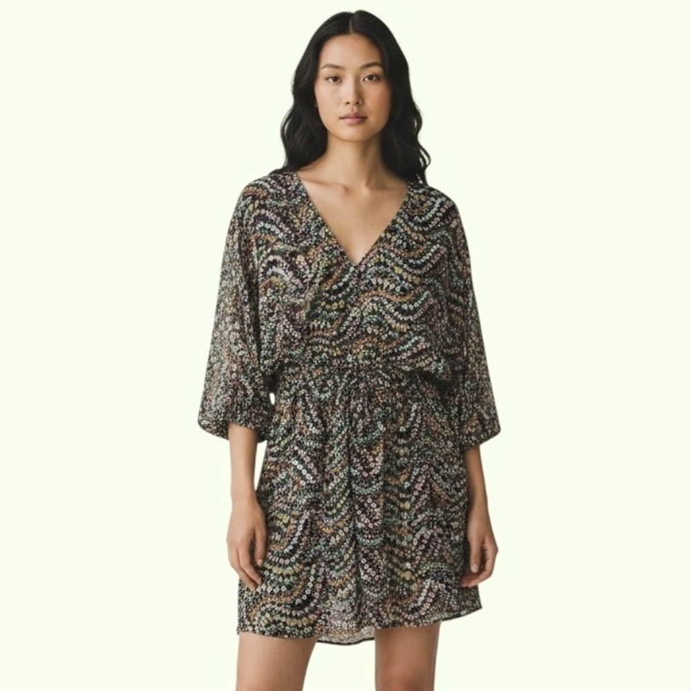 LOFT Mini Dress L Black Multi Floral Wavy Boho Cottagecore Dolman Sleeve‎